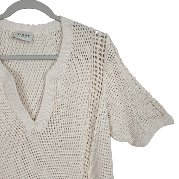 WRAP London Cream V-Neck Open Knit Short Sleeve Sweater Top Basic Cotton US 14 - Picture 7 of 11